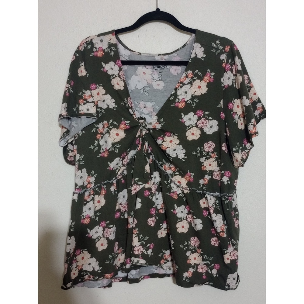 Heritage by Torrid Olive Green Floral Tie Front Peplum Knit Top Plus Size 3 3X